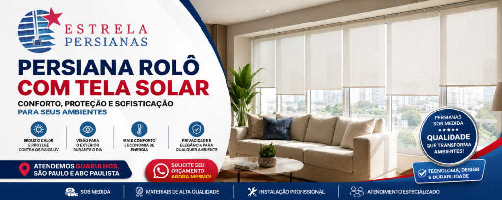 Persiana Rolô com Tela Solar instalada em sala moderna pela Estrela Persianas em Guarulhos.