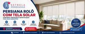 Persiana Rolô com Tela Solar instalada em sala moderna pela Estrela Persianas em Guarulhos.